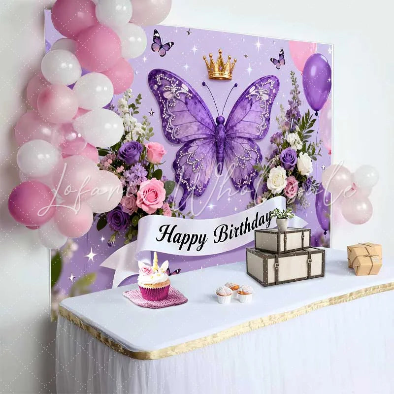 Lofaris Purple Butterfly and Crown Birthday Cake Smash Backdrop Happy Birthday Party Decor for Girls