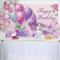 Lofaris Purple Butterfly Birthday Backdrop Elegant Balloon Rose Background Girl Sweet 16 Party Photo Prop