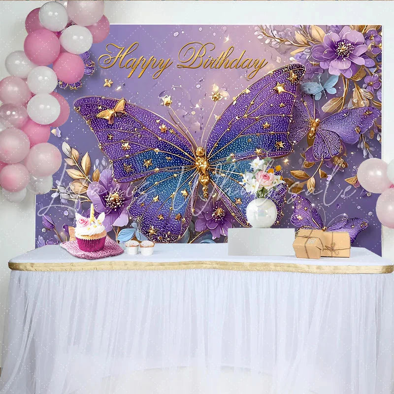 Lofaris Purple Butterfly Birthday Photography Backdrop Gold Stars and Floral Photo Background