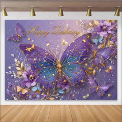 Lofaris Purple Butterfly Birthday Photography Backdrop Gold Stars and Floral Photo Background