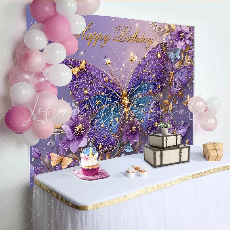 Lofaris Purple Butterfly Birthday Photography Backdrop Gold Stars and Floral Photo Background