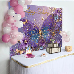 Lofaris Purple Butterfly Birthday Photography Backdrop Gold Stars and Floral Photo Background