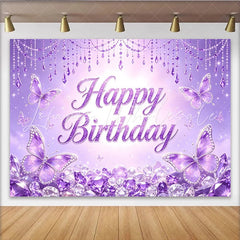 Lofaris Purple Butterfly Glitter Birthday Backdrop with Sparkling Jewels Elegant Photography Background for Girls Party Decor