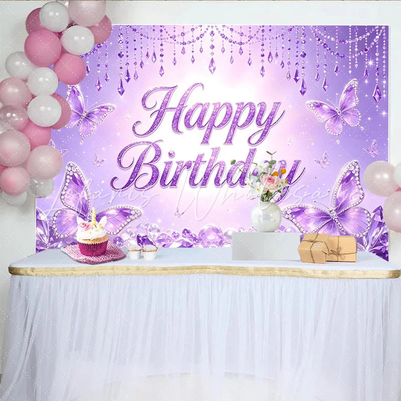 Lofaris Purple Butterfly Glitter Birthday Backdrop with Sparkling Jewels Elegant Photography Background for Girls Party Decor