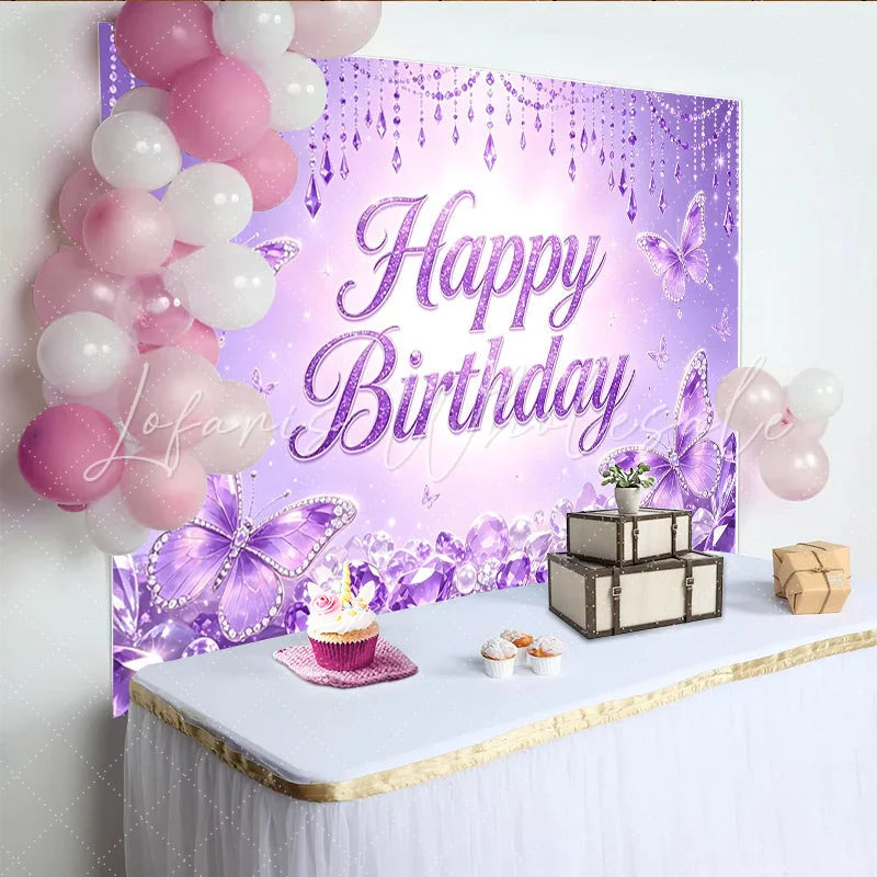 Lofaris Purple Butterfly Glitter Birthday Backdrop with Sparkling Jewels Elegant Photography Background for Girls Party Decor