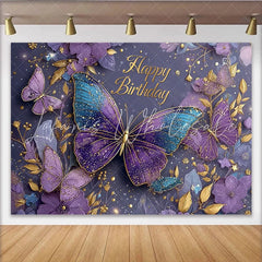 Lofaris Purple Butterfly Gold Sparkle Birthday Backdrop Floral and Butterfly Photography Background