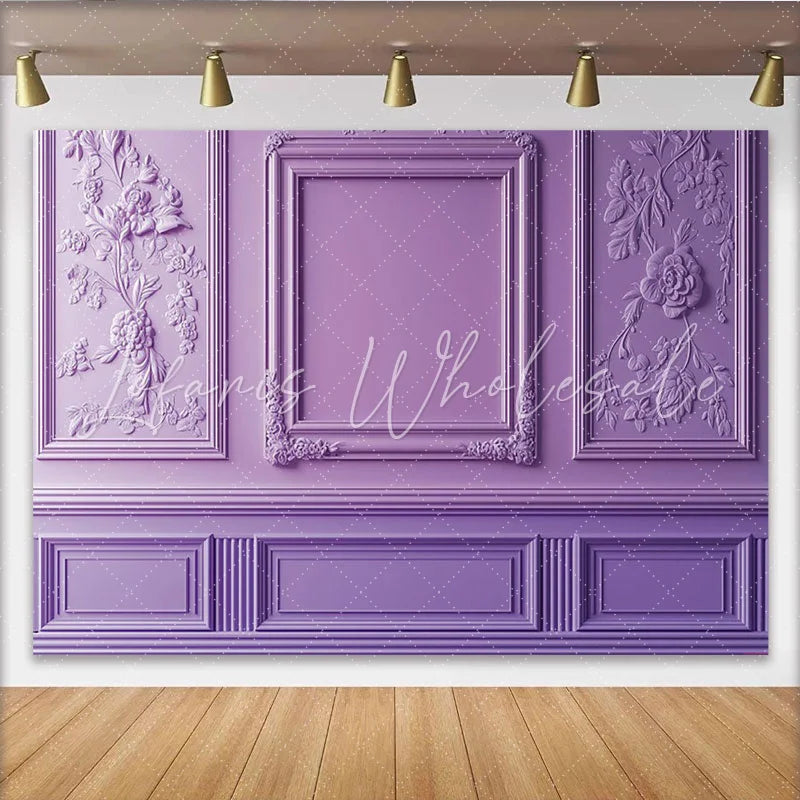Lofaris Purple Elegant Floral Photography Backdrop with Ornate Frame Classic Wall Molding Background for Studio Portrait