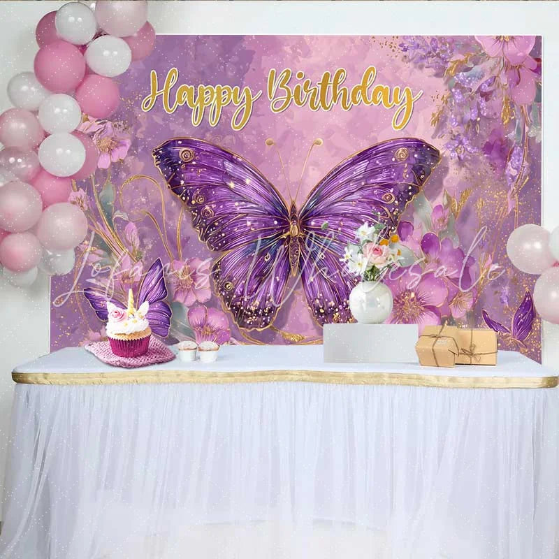 Lofaris Purple Fantasy Butterfly Birthday Backdrop Floral Magical Party Background Girl Cake Smash Photography Prop