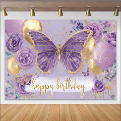 Lofaris Purple Floral Butterfly Birthday Backdrop Gold Balloon Party Background Girl Cake Smash Photography Prop