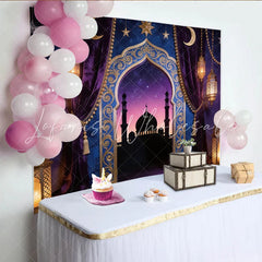 Lofaris Purple Gold Moorish Archway Photography Backdrop with Lanterns Starry Night Mosque Background for Studio Portrait