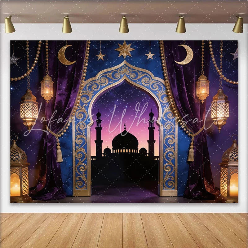 Lofaris Purple Gold Moorish Archway Photography Backdrop with Lanterns Starry Night Mosque Background for Studio Portrait