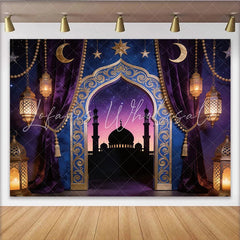 Lofaris Purple Gold Moorish Archway Photography Backdrop with Lanterns Starry Night Mosque Background for Studio Portrait
