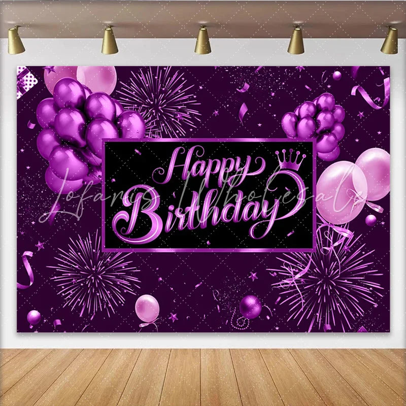 Lofaris Purple Happy Birthday Backdrop with Balloons and Crown Elegant Party Background for Women Girls Celebration Photography