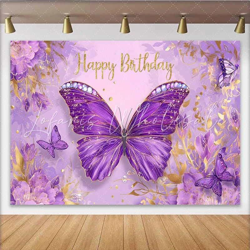Lofaris Purple Jeweled Butterfly Birthday Backdrop Gold Glitter Text Floral Background Girl Princess Party Banner