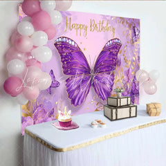 Lofaris Purple Jeweled Butterfly Birthday Backdrop Gold Glitter Text Floral Background Girl Princess Party Banner