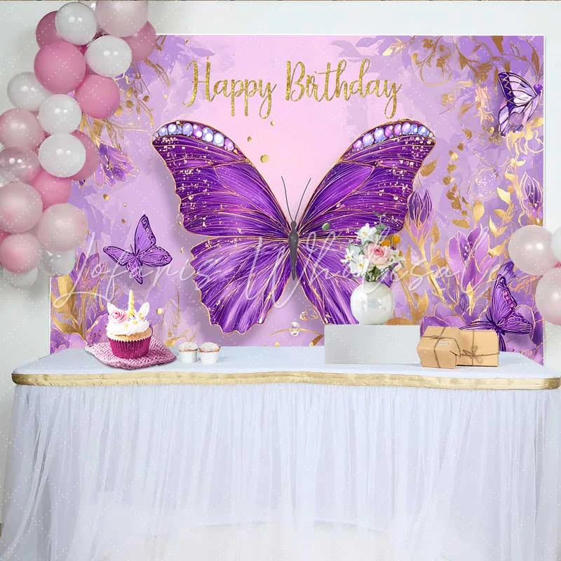 Lofaris Purple Jeweled Butterfly Birthday Backdrop Gold Glitter Text Floral Background Girl Princess Party Banner