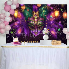Lofaris Purple Masquerade Night Backdrop Mardi Gras Mask and Green Feathers Party Banner