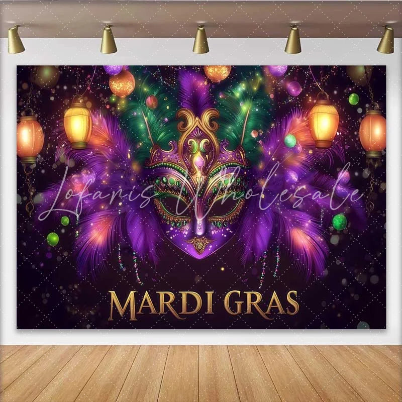 Lofaris Purple Masquerade Night Backdrop Mardi Gras Mask and Green Feathers Party Banner