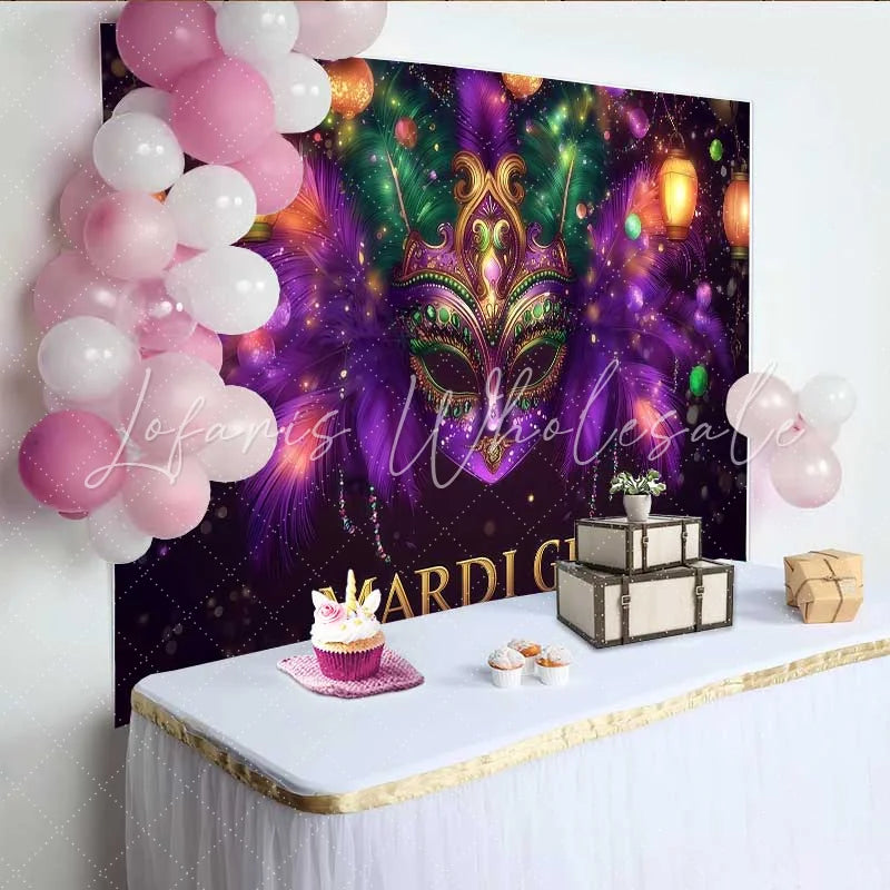Lofaris Purple Masquerade Night Backdrop Mardi Gras Mask and Green Feathers Party Banner