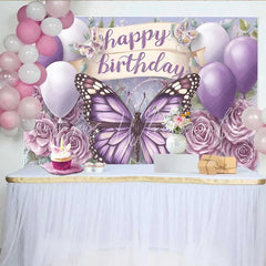 Lofaris Purple Monarch Butterfly Birthday Backdrop Balloon Floral Scroll Banner Background Girl Cake Table Prop