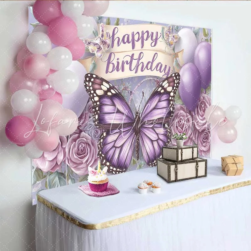 Lofaris Purple Monarch Butterfly Birthday Backdrop Balloon Floral Scroll Banner Background Girl Cake Table Prop