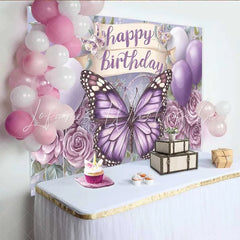 Lofaris Purple Monarch Butterfly Birthday Backdrop Balloon Floral Scroll Banner Background Girl Cake Table Prop