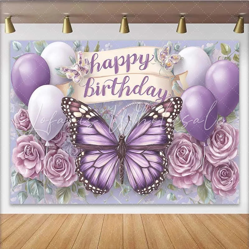 Lofaris Purple Monarch Butterfly Birthday Backdrop Balloon Floral Scroll Banner Background Girl Cake Table Prop