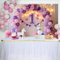 Lofaris Purple Pink Balloon First Birthday Cake Smash Backdrop Floral 1 Sign Heart Banner Girl Party Background