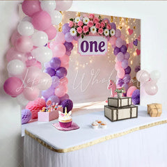 Lofaris Purple Pink Balloon First Birthday Cake Smash Backdrop Floral ONE Sign Rocking Horse Girl Party Background