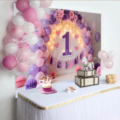 Lofaris Purple Pink Balloon First Birthday Cake Smash Backdrop Illuminated 1 Sign Heart Tassel Girl Party Background