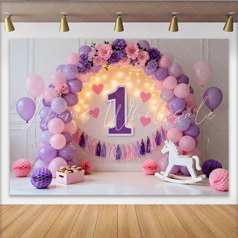 Lofaris Purple Pink Balloon First Birthday Cake Smash Backdrop Illuminated 1 Sign Heart Tassel Girl Party Background