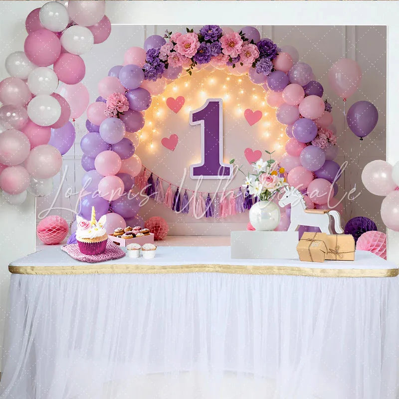 Lofaris Purple Pink Balloon First Birthday Cake Smash Backdrop Illuminated 1 Sign Heart Tassel Girl Party Background