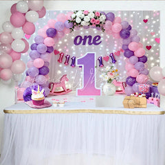 Lofaris Purple Pink Balloon First Birthday Cake Smash Backdrop Large 1 Sign Fairy Light Girl Party Background