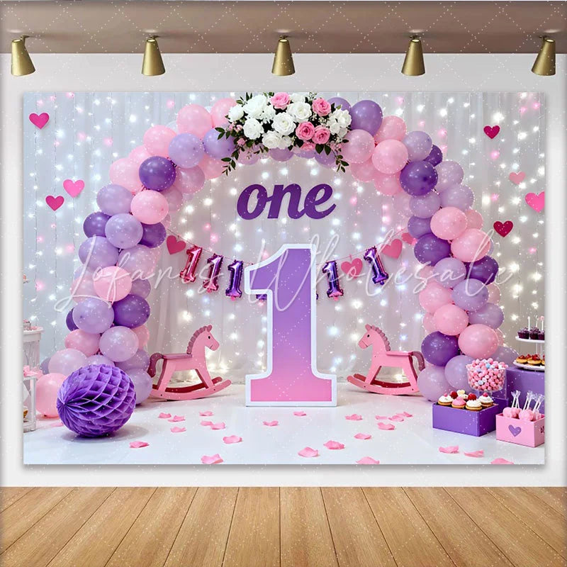 Lofaris Purple Pink Balloon First Birthday Cake Smash Backdrop Large 1 Sign Fairy Light Girl Party Background