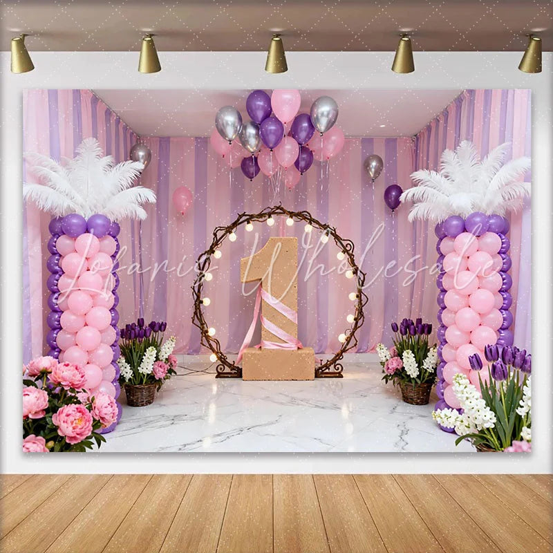 Lofaris Purple Pink Floral First Birthday Backdrop Lighted Hoop Number One Photography Background for Cake Smash
