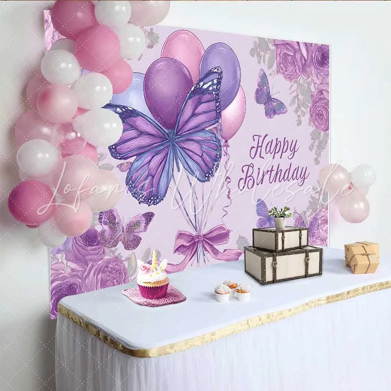 Lofaris Purple Sketch Birthday Backdrop Butterfly Balloon Floral Background Vintage Drawing Art Party Prop