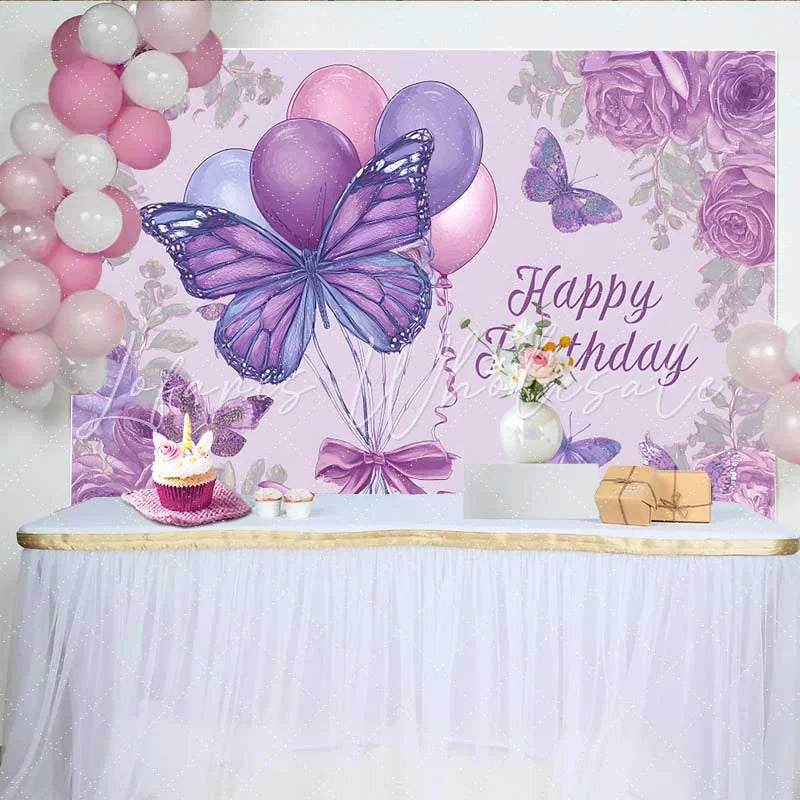 Lofaris Purple Sketch Birthday Backdrop Butterfly Balloon Floral Background Vintage Drawing Art Party Prop