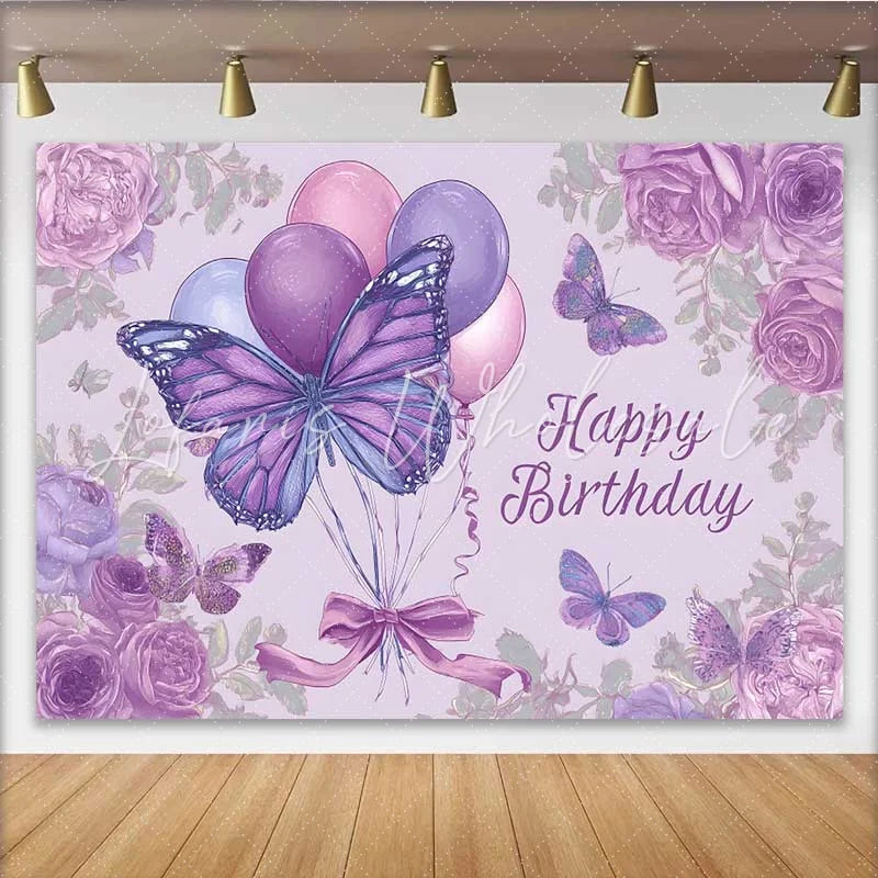 Lofaris Purple Sketch Birthday Backdrop Butterfly Balloon Floral Background Vintage Drawing Art Party Prop