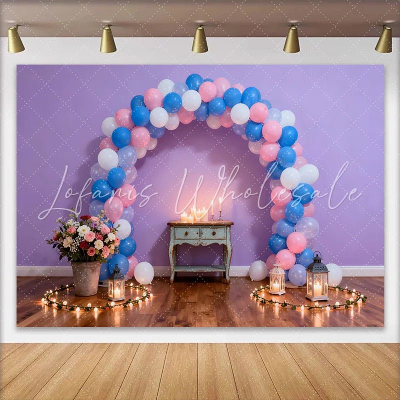Lofaris Purple Wall Birthday Cake Smash Backdrop with Pink and Blue Balloon Arch Romantic Candlelight Background