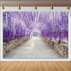 Lofaris Purple Wisteria Floral Photography Backdrop with Stone Wall Tunnel Dreamy Nature Background for Studio Photoshoot
