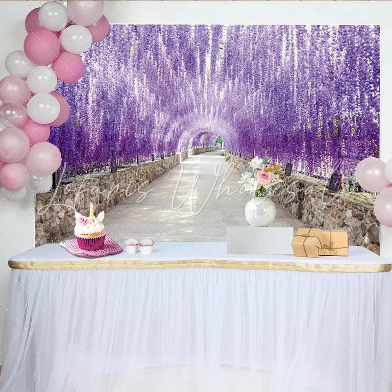 Lofaris Purple Wisteria Floral Photography Backdrop with Stone Wall Tunnel Dreamy Nature Background for Studio Photoshoot