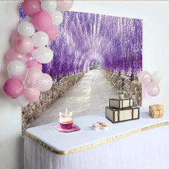 Lofaris Purple Wisteria Floral Photography Backdrop with Stone Wall Tunnel Dreamy Nature Background for Studio Photoshoot