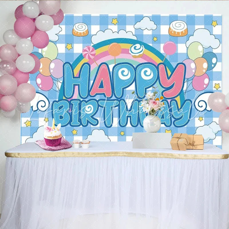 Lofaris Rainbow and Balloons Happy Birthday Party Backdrop Blue Gingham Clouds Decor