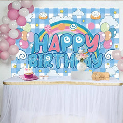 Lofaris Rainbow and Balloons Happy Birthday Party Backdrop Blue Gingham Clouds Decor