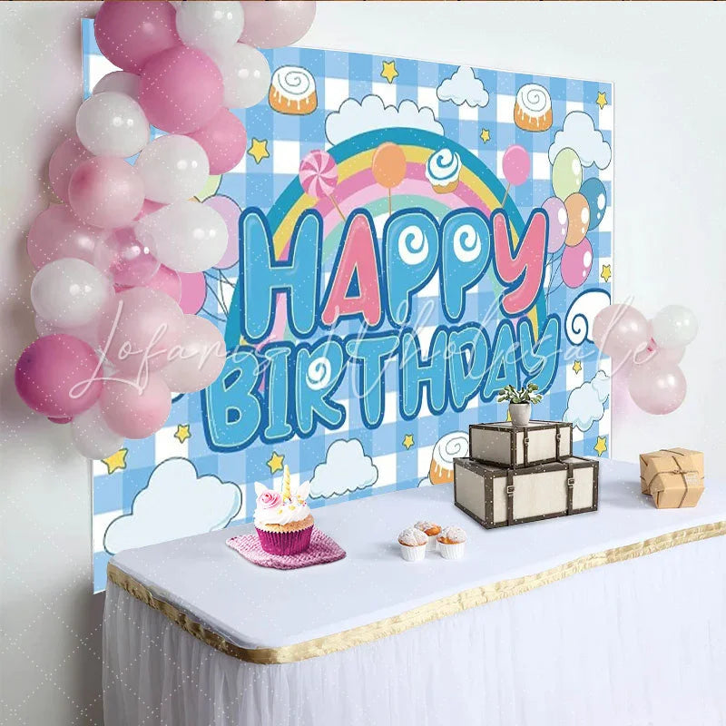Lofaris Rainbow and Balloons Happy Birthday Party Backdrop Blue Gingham Clouds Decor
