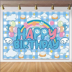 Lofaris Rainbow and Balloons Happy Birthday Party Backdrop Blue Gingham Clouds Decor