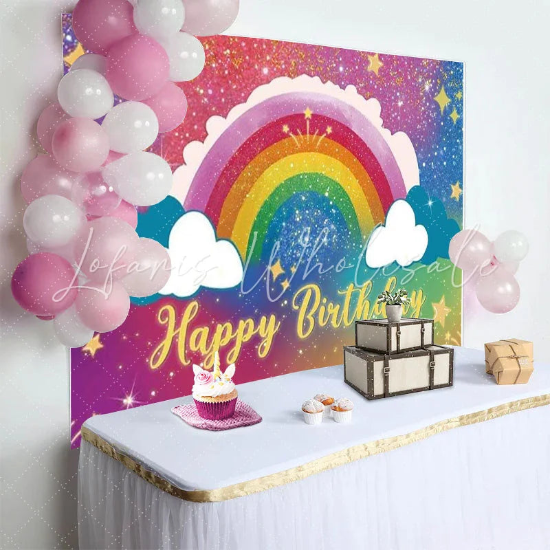 Lofaris Rainbow Birthday Backdrop Sparkle Galaxy Sky with Clouds Colorful Star Party Photo Booth Props