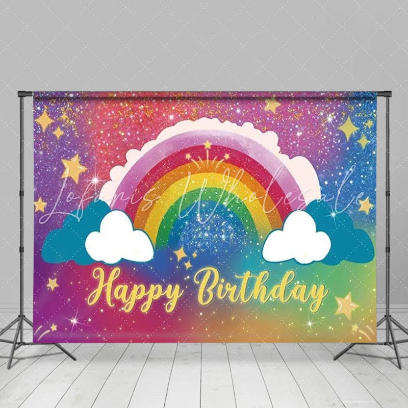 Lofaris Rainbow Birthday Backdrop Sparkle Galaxy Sky with Clouds Colorful Star Party Photo Booth Props