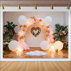 Lofaris Rainbow Heart Birthday Cake Smash Backdrop Pink and Gold Balloon Arch with Cloud and Rainbow Decoration