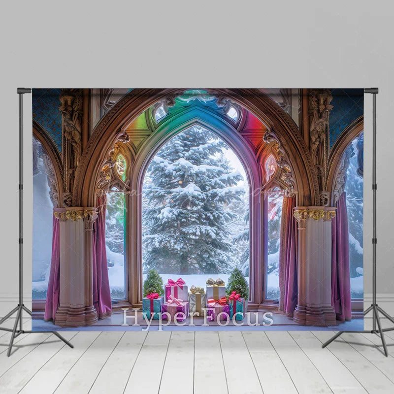 Lofaris Rainbow Luxury Arch Window Snowy Christmas Backdrop